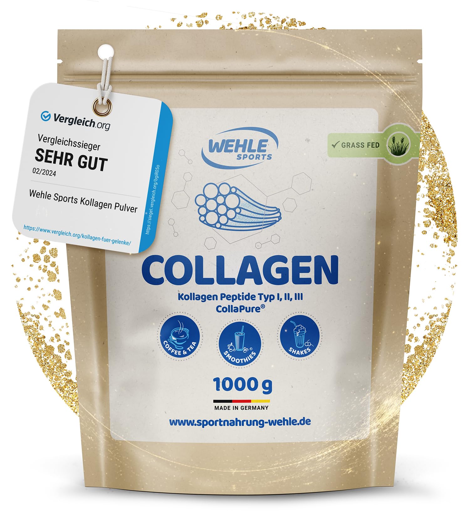 Collagen Pulver 1 kg – Kollagenhydrolysat Peptide Typ I, II & III – Geschmacksneutrales Eiweißpulver – Made in Germany – Wehle Sports (1000g (1er Pack)) - Verpackung kann variieren.
