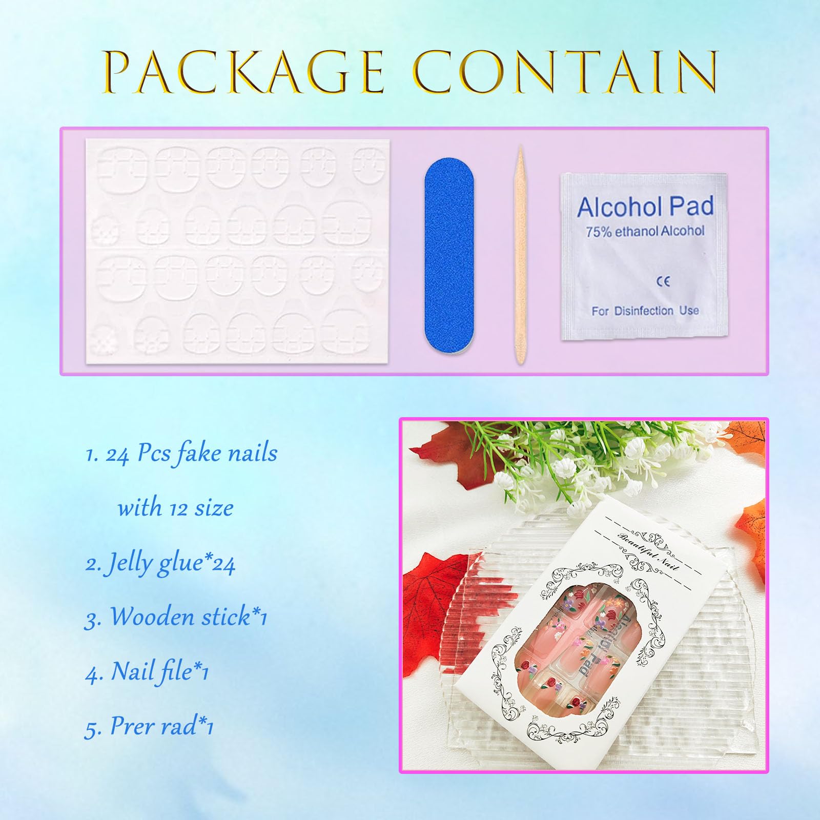 Flower Press on Nails Medium Cute Colorful 3D Flowers Fake Nails Square Acrylic Nails Press ons Colorful Floral Full Cover Glossy Spring and Summer Stick Glue on Nails for Women Girls 24 Pcs - Image 6