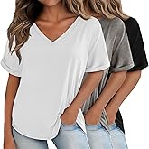 Huukeay 3 Pack Women's Oversized T Shirts, V Neck Loose Fit Rolled Sleeves Tops Shirts Summer Half Sleeves Tee