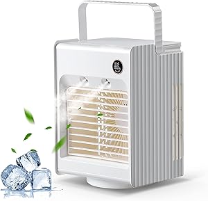 Portable AC Air Conditioner for Room, Box Cooler Fan with 3 Speed for Bedroom, 4000mAh Cordless Rechargeable 120° Oscillating Mini Cooling Fan with Sleep Night Light and Spray Mist Humidifier, White