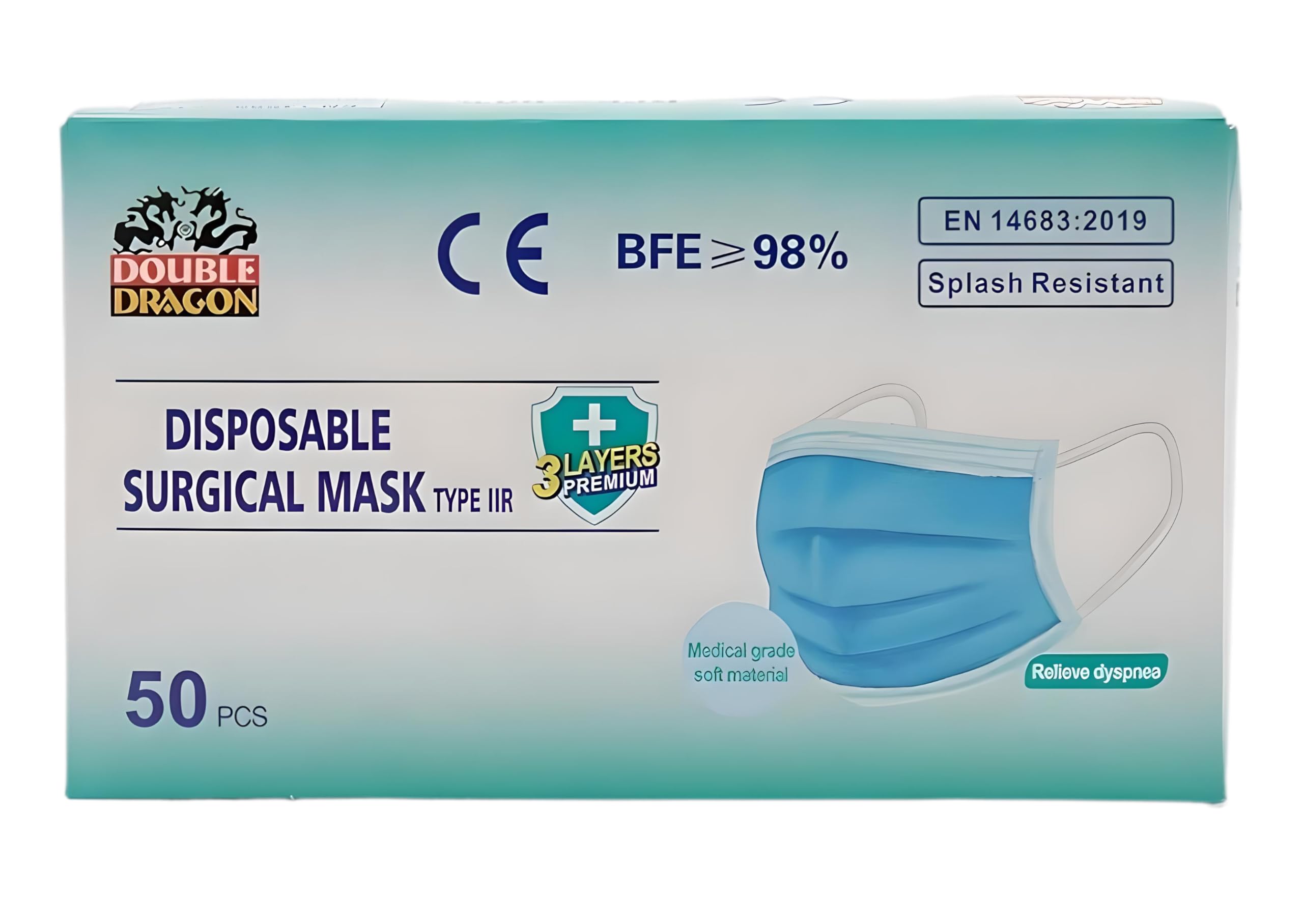 Double Dragon British Brand 3-Ply Type IIR Disposable Surgical Face Mask | EN14683:2019 Certified | 98% Filtration, Fluid-Resistant, Medical-Grade Mask with Black Ear Loops – Pack of 50