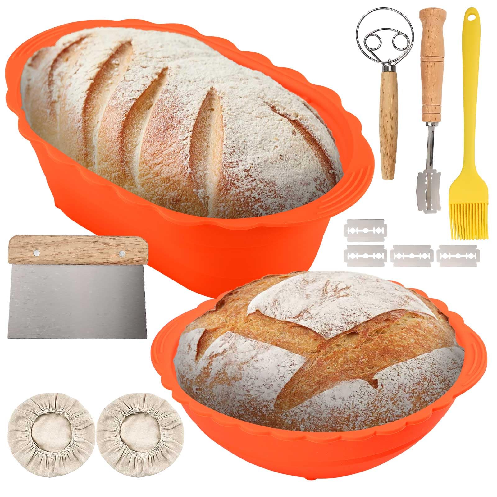 BigKing Silicone Bread Proofing Baskets, 10 inch Round + Oval Sourdough Baking Basket, Durable Foldable Complete Bread-Making Tools for Beginners (Orange)