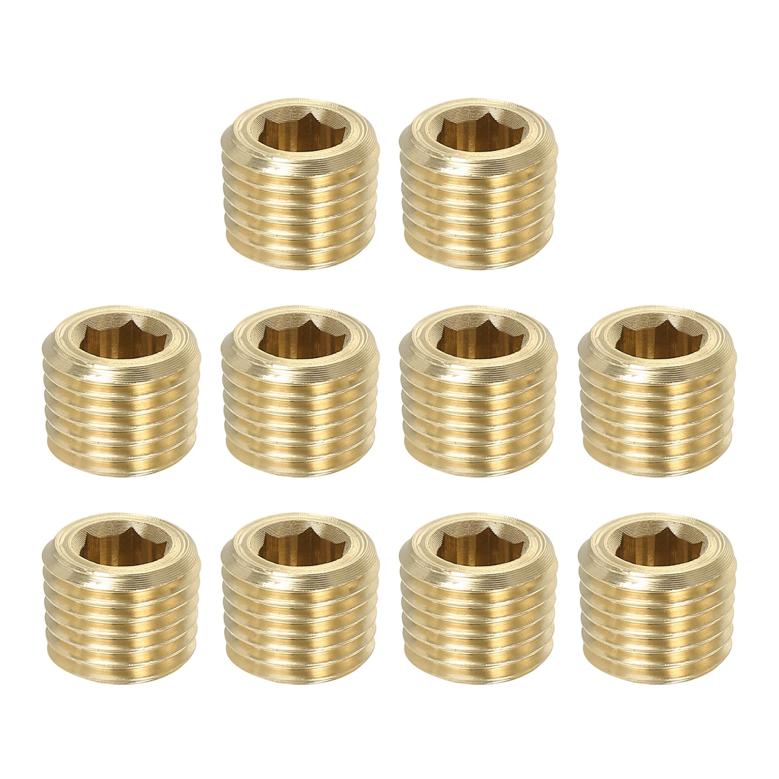 PATIKIL 1/4 inch Male NPT Pipe Plug Internal Hex Thread Socket, 10 Pack Hex Counter Sunk Solid Brass Pipe Plug Fitting Set for Pipe Air Tanks