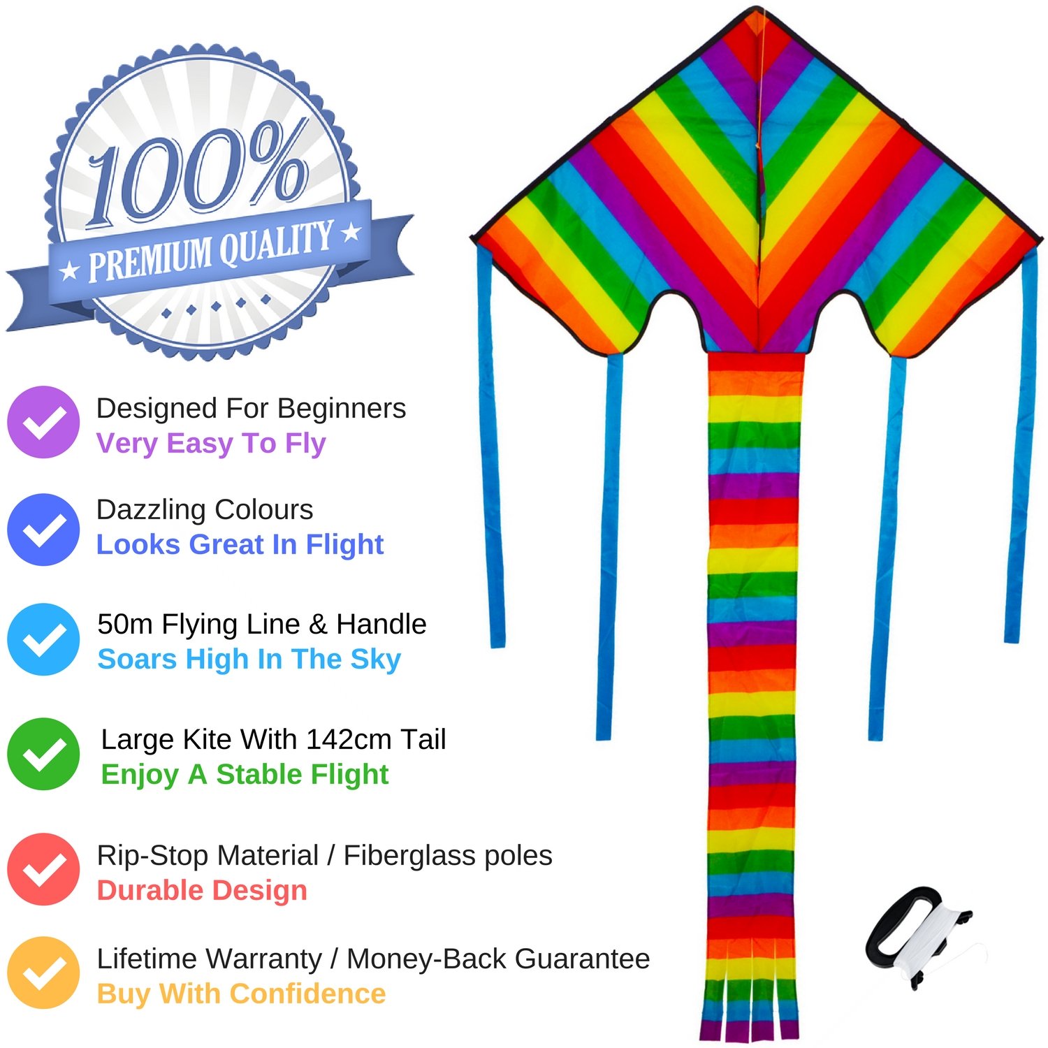Beautiful Rainbow Kite For Kids And Adults (Large) - Bright Colours That Really POP! Very Easy To Fly - Suitable For Beginners, Boys, Girls, Children and Adults. Outdoor Games Activities and Summer Fun. Comes With Lifetime Warranty and Mone