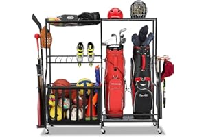 EXTCCT Garage Sports Equipment Organizer with Wheels - Golf Bag Storage Rack and Ball Storage Bins, Heavy Duty Rolling Garage Organizer System with Basket and Hooks for Indoor/Outdoor Sports Gear