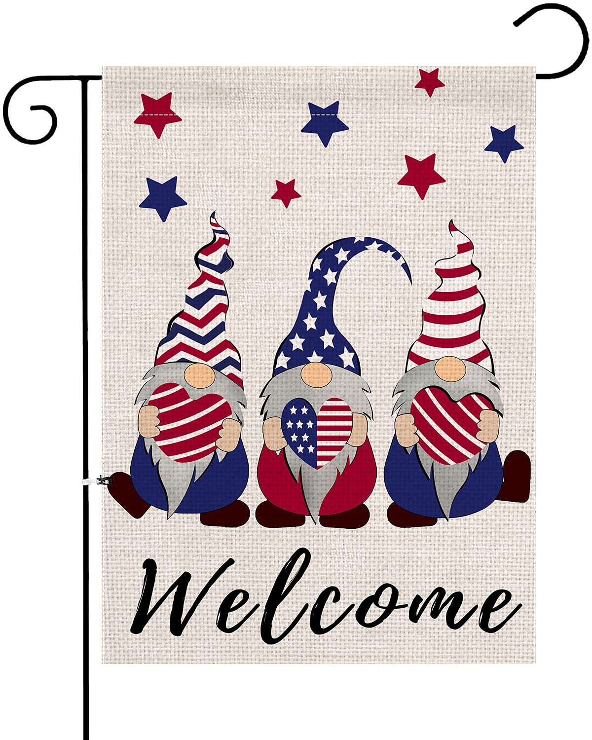 XIFAN Welcome Garden Flag American Gnome Heavyweight Burlap Double Sided Small 12.5 x 18 Inch Star and Strip Patriotic 4th of July Yard Outdoor Decoration