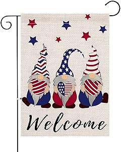 XIFAN Welcome Garden Flag American Gnome Heavyweight Burlap Double Sided Small 12.5 x 18 Inch Star and Strip Patriotic 4th of July Yard Outdoor Decoration