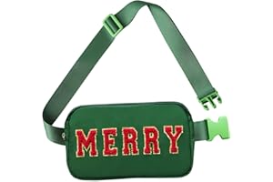 PAINZIETEG Christmas Fanny Pack, Merry Letter Belt Bag, Green Christmas Purse Crossbody Bag Nylon Adjustable Strap, Christmas Gifts For Girls Boys Women Men
