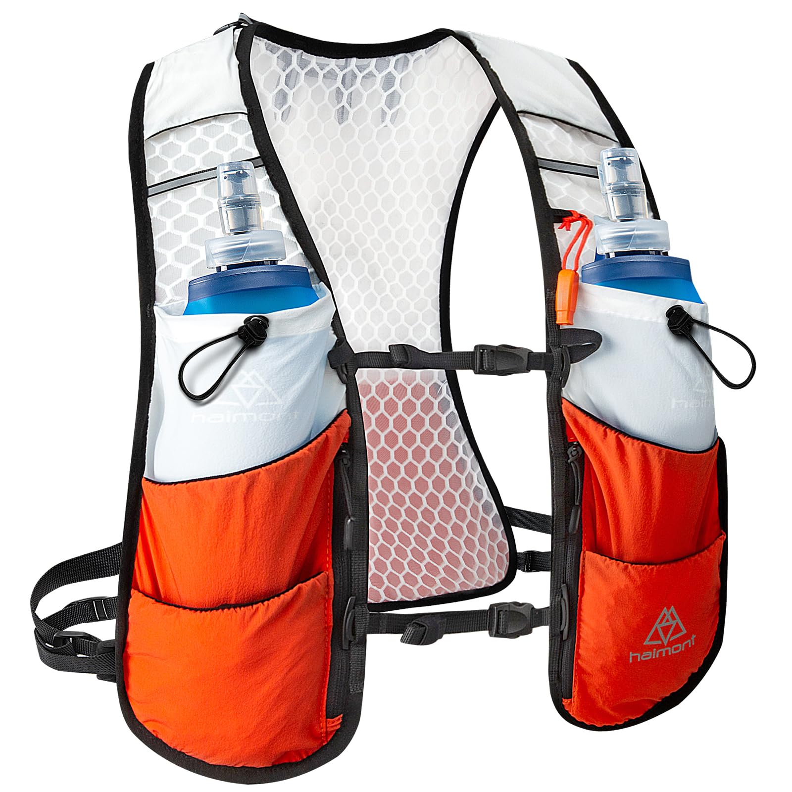 Haimont Running Hydration Vest for Men Women Lightweight Sports Trail Running Pack with 2 TPU Soft Flasks, Orange, L