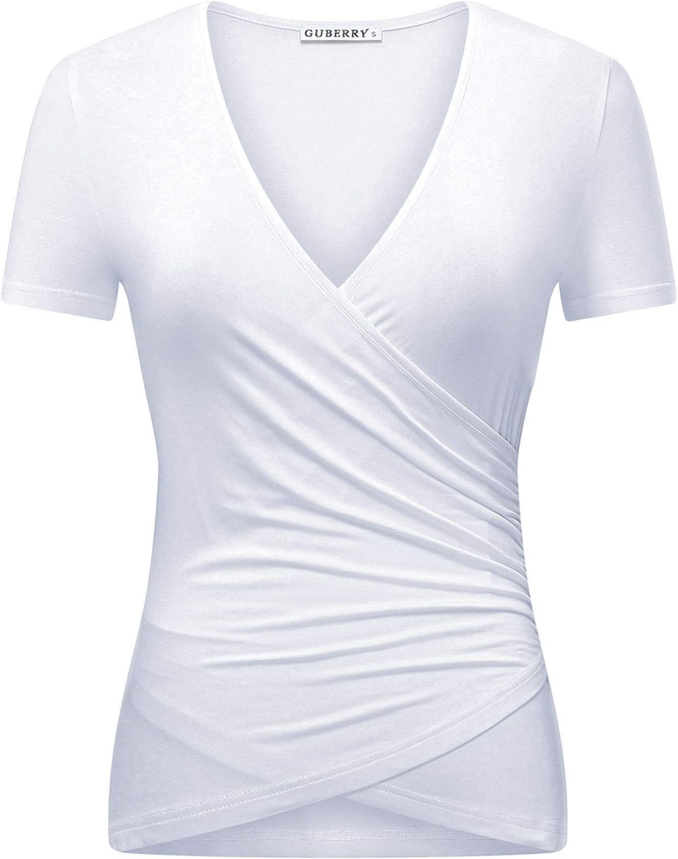 GUBERRYWomen's Deep V Neck Short Sleeve Unique Cross Wrap Sexy Slim Fit Tops