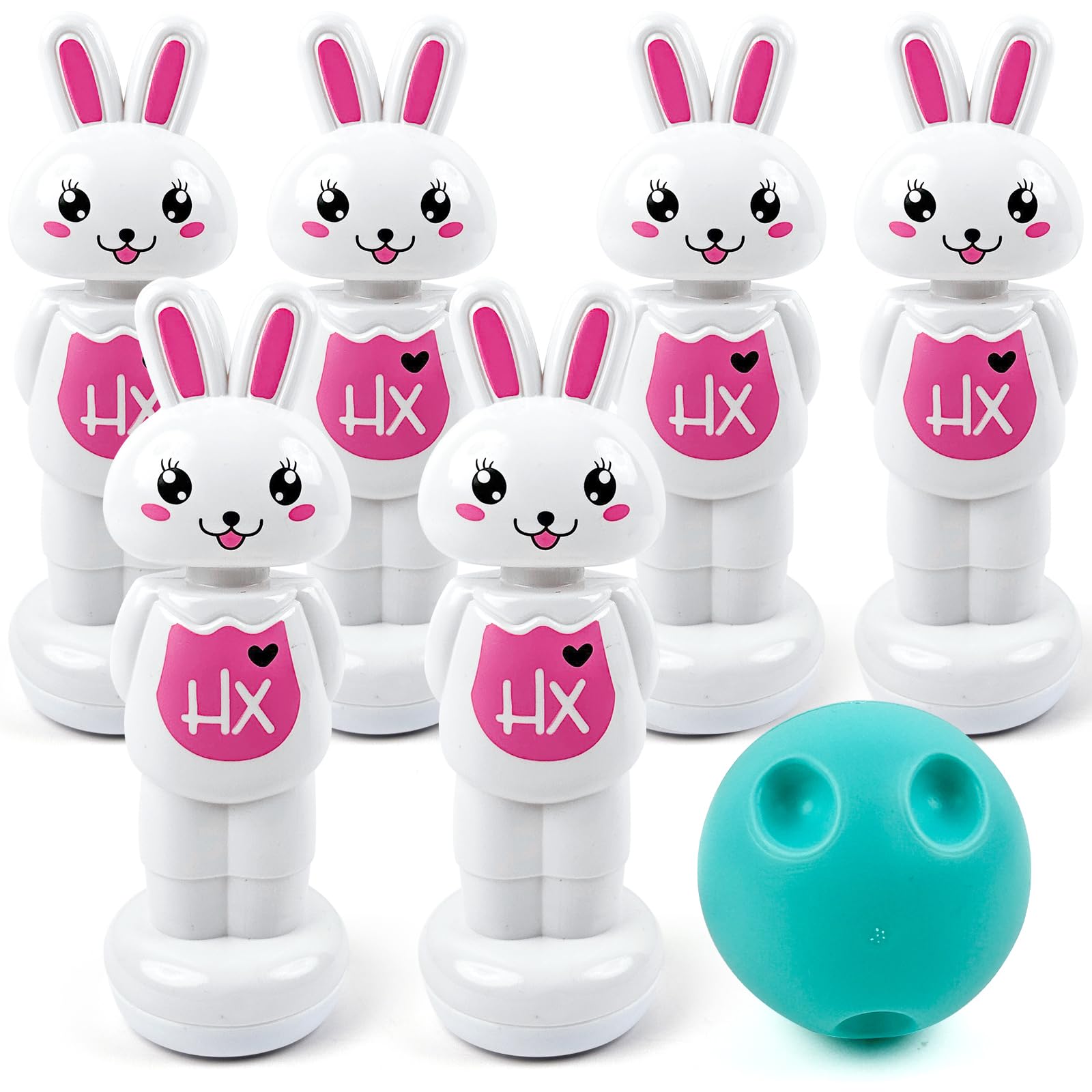 KEAGAN Mini Bowling Set, Bowling Toy, Skittles Game Set with 6 Bunny Pins and 1 Ball Indoor Outdoor Garden Games Easter Party Games Motor Skills Development Toy