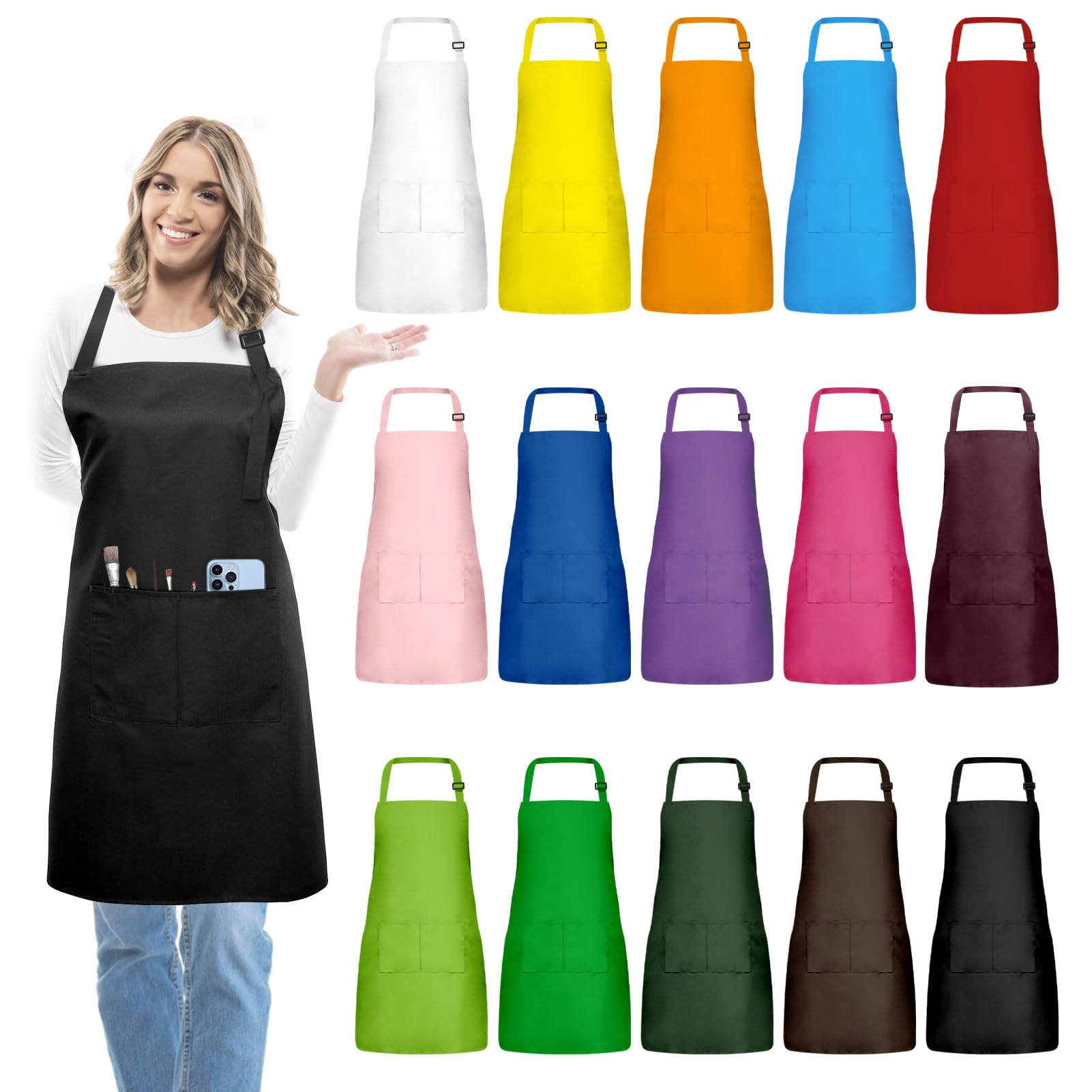 Photo 1 of (partial set) (bagged) IMERAGO 15 Pcs Adult Aprons Bulk with Pockets Adjustable Bib Chef Apron for Women Men Painting Cooking Crafting (Multicolor, L)