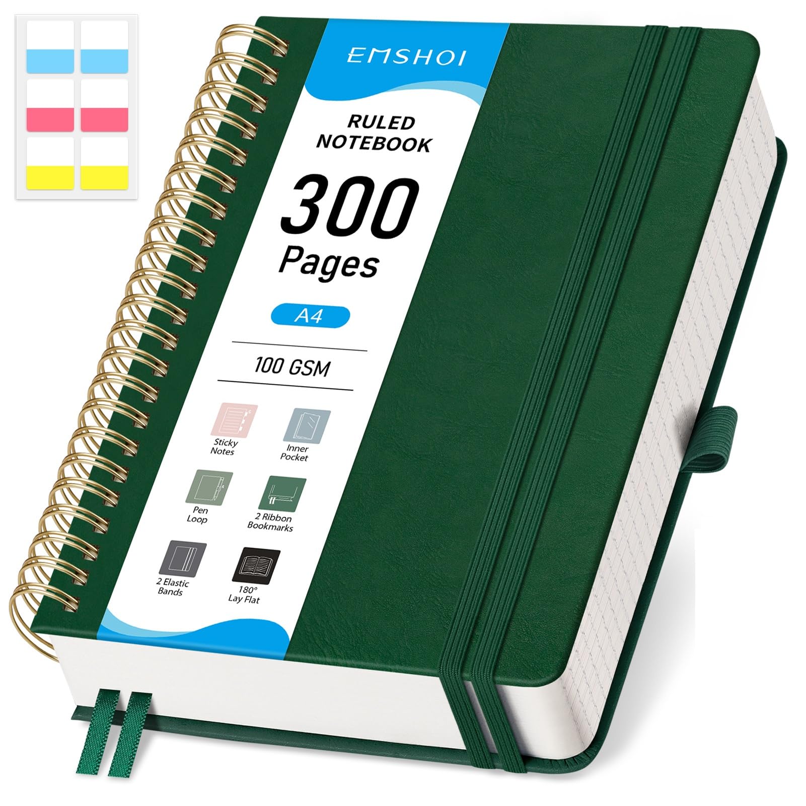 EMSHOI A4 Notebook College Ruled, Spiral Notepad 150 Sheets/300 Pages, 100gsm, HardCover, Sticky Notes, Pocket, Pen Loop, Ruler, Bookmark, Lined Journal for Women Men Writing, 21x28.5cm, Green