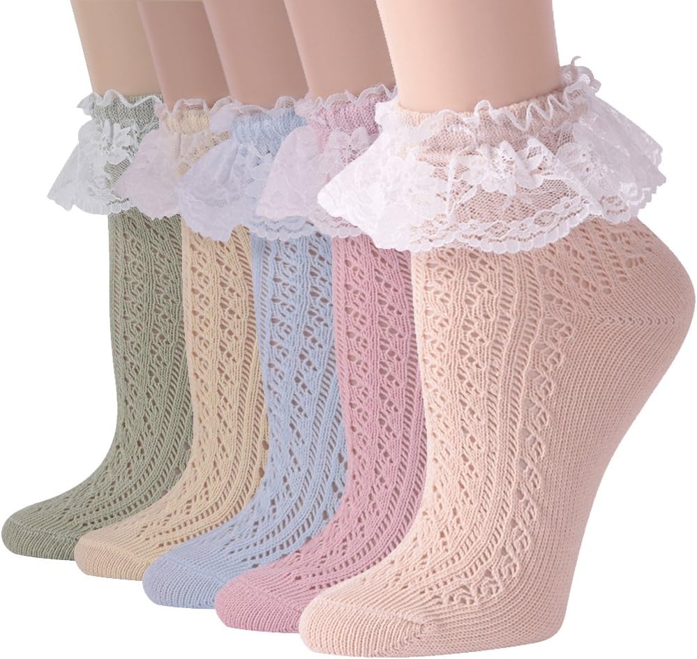 FuncatWomen's Lace Ruffle Frilly Colorful Floral Cotton Casual Novelty Ankle Socks 4/5/6 Pairs