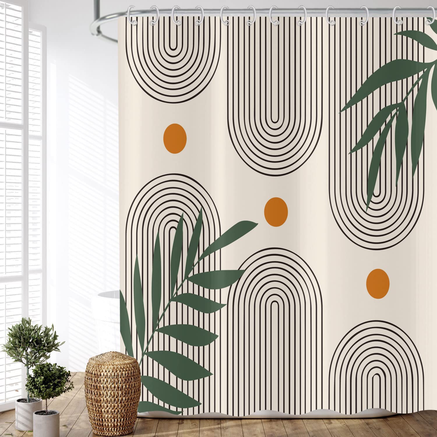 ASDCXZ Boho Shower Curtain 180x180 cm, Waterproof Fabric Shower Curtains, Modern Abstract Art Boho Style Line Sun Leaves Beige Outdoor Washable Polyester Bathroom Curtain with 12 Hooks