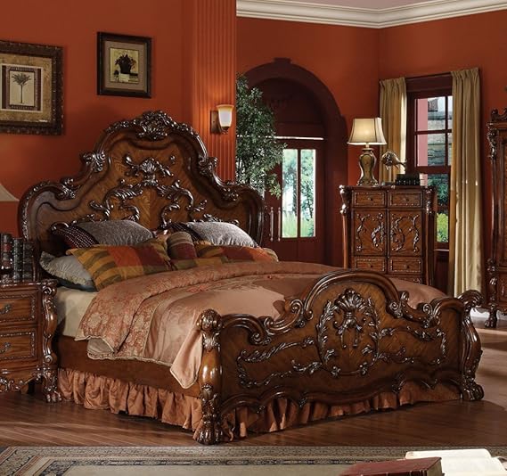 1PerfectChoice - Cama Tradicional de Madera Tallada Envejecida, diseño