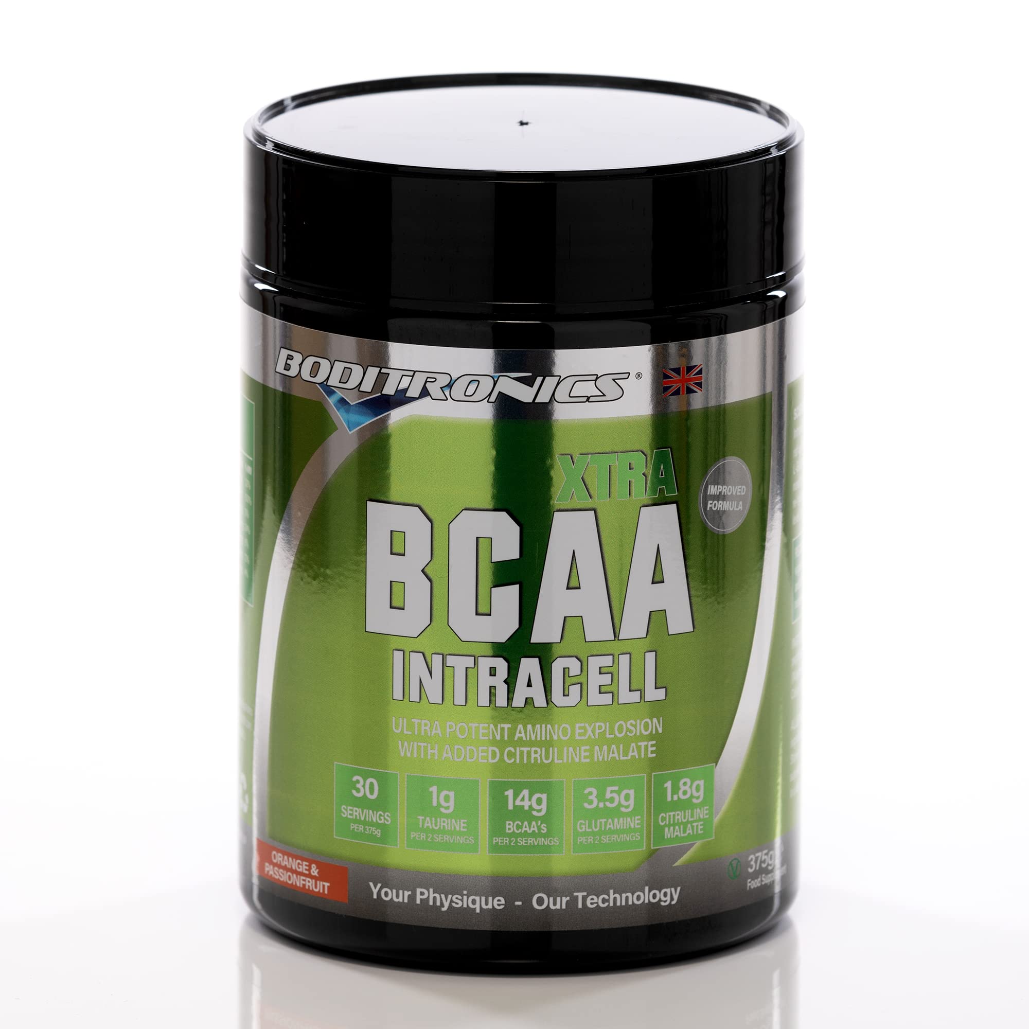 Boditronics BCAA Intracell Xtra Intra Workout, Branched Chain Amino Acid Supplement with Vitamin B6, Immune Booster, Electrolytes, Amino Energy Drink Powder (Orange Passionfruit, 375g)