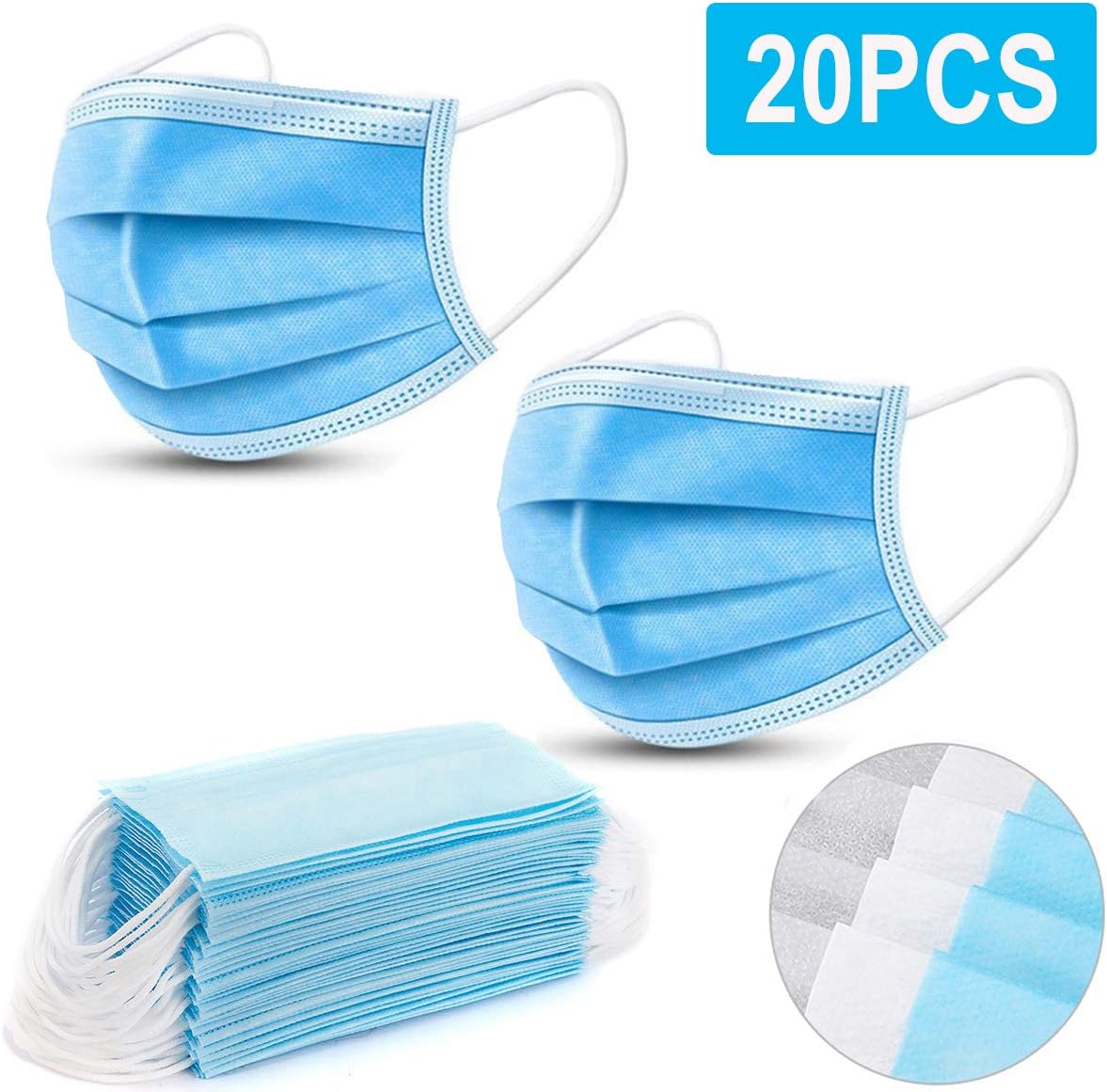 vvguzi 20PCS,Disposable Face Mask 3 Layers Comfortable Sanitary Dustproof Facial Masks Earloops Masks