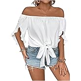 SweatyRocks Women's Plus Size Summer Off The Shoulder Ruffle Sleeve Tie Knot Shirt Crop Top Blouse
