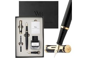 Wordsworth & Black Fountain Pen Set,18K Gilded Medium and Extra Fine Nib,25MLBlack Ink Bottle,6 Ink Cartridges,Refill Converter,Gift Box,Smooth Writing Pens [Black Gold],Gift Set for Men and Women