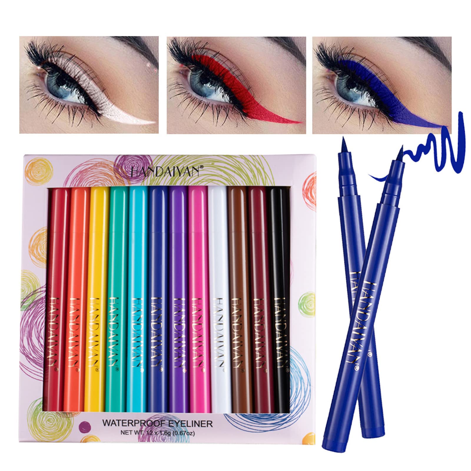 RoseFlower 12PCS Matte Rainbow Colorful Liquid Eyeliner Set, Super Sharp Soft Tip Brush, High Waterproof