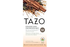 TAZO Organic Chai Black Tea Bags - 20 Count (Pack of 1), Spiced Blend with Cinnamon, Cardamom, Ginger & Clove, Bold, Aromatic