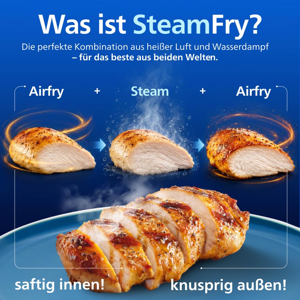 Philips Steam Airfryer 5000 Series Dual Basket Heißluftfritteuse mit Dampfgar-Funktion & 2 Körben – Steam, Airfry, SteamFry, 9L (3L+6L), RapidAir Plus, automatische Dampfreinigung (NA550/00) 5