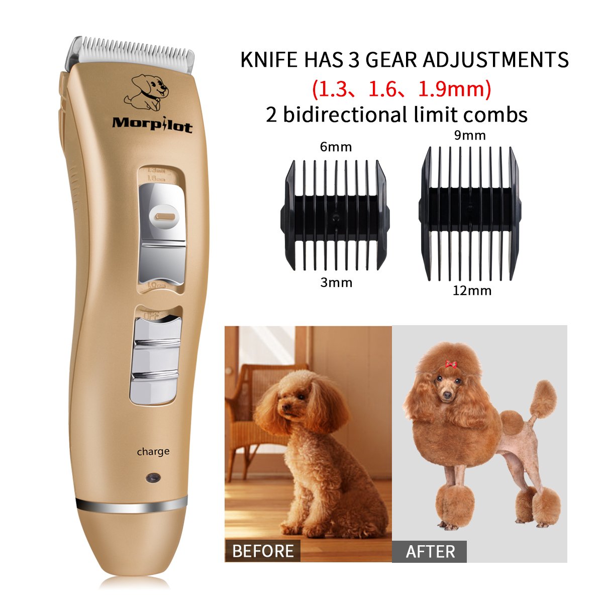 morpilot Tondeuse Chien Chat Tondeuse Animaux Electrique Professionnelle sans Fil Rechargeable USB Rasoir Toilettage Animaux Clippers avec Ciseaux et Peigne Acier et Multi Accessoires