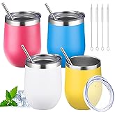 12oz Stemless Wine Tumbler with Lid Double Wall Insulated Wine Cup Stainless Steel Glasses Tumbler with Straw Insulated cocktail Tumbler Coffee Mug for Hot and Cold Beverages (Multicolor-8,4Pack)