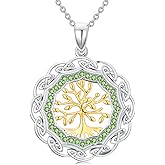 Sterling Silver Birthstone Celtic Tree of Life Necklace, 18K Gold Plated Colored Gemstone Tree of Life Pendant Two-Tone Necklaces Jewelry Birthday Gifts for Women 18" - 20"