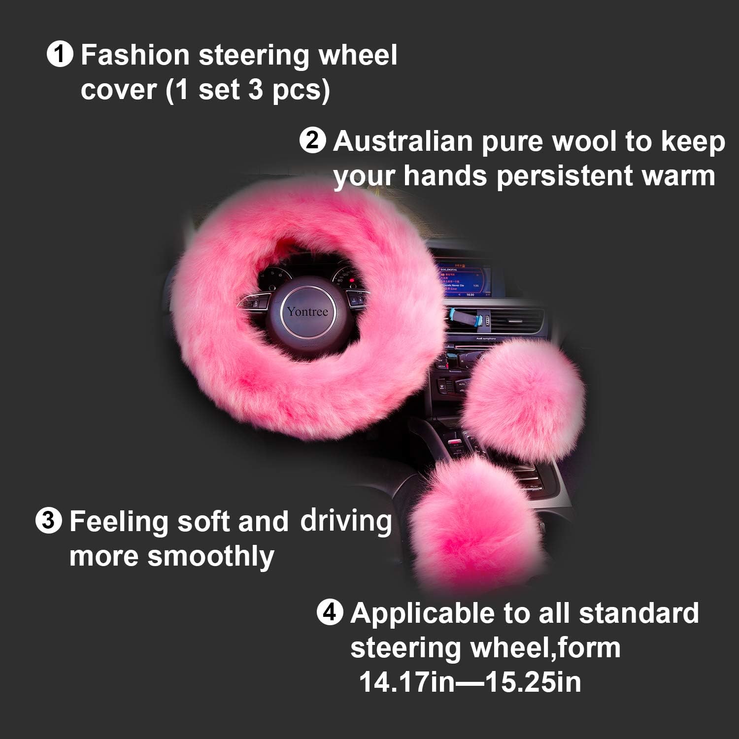 Yontree Fashion Fluffy Steering Wheel Covers for Women/Girls/Ladies Australia Pure Wool 15 Inch1 Set 3 Pcs (Pink): Automotive