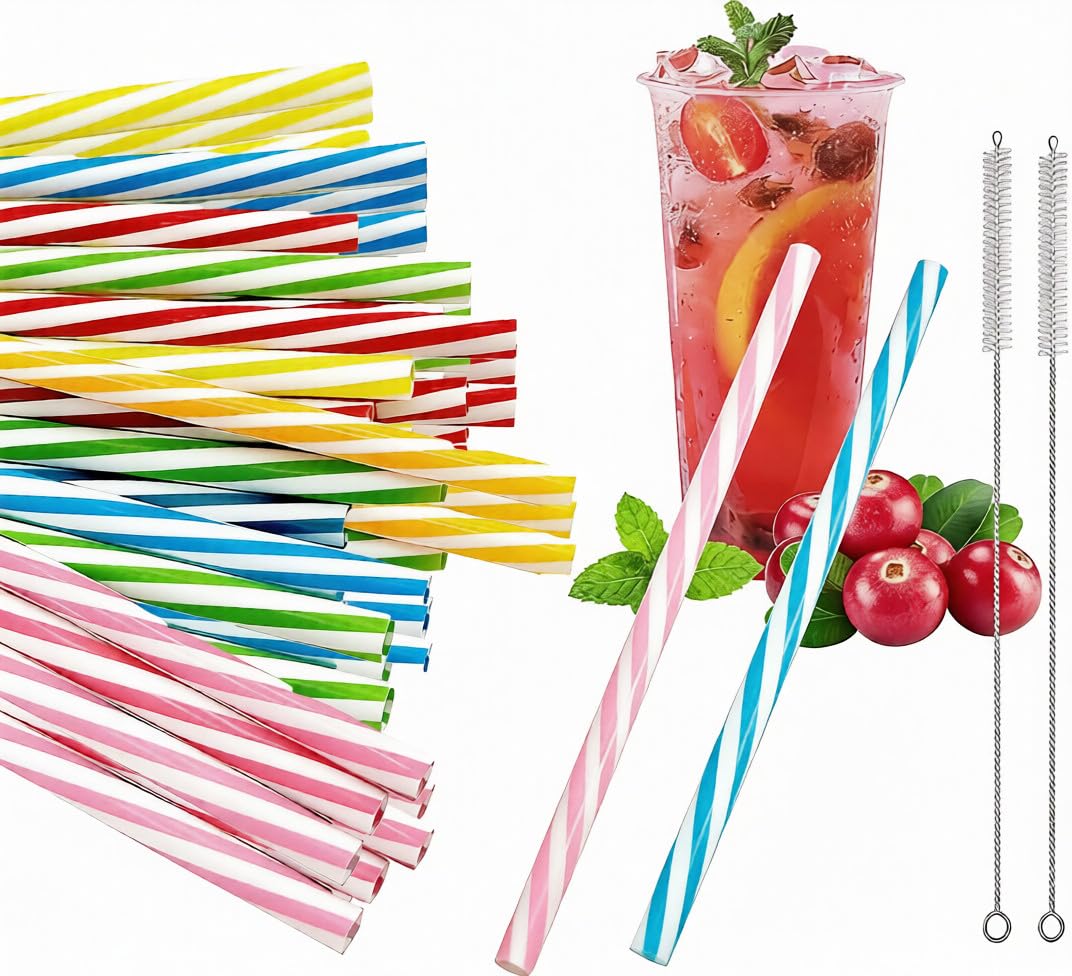 72Pcs Reusable Hard Plastic Drinking Straw, Drinking Straw Biodegradable Recyclable, Thick Plastic Drinking Straws with 2 Cleaning Brush, Eco-Friendly Rainbow Plastic Straws for Parties (6 Colors)