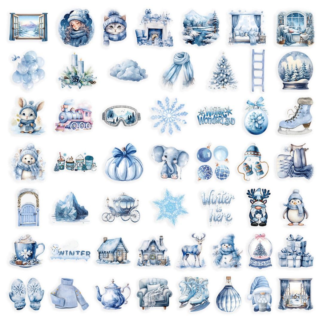 [Magic of Sedona] Winter Wonderland Winter Scenery PET Transparent Stickers Watercolor Style Stickers, Set of 50, Christmas and Winter Scenery Design, Cute Wrapping Stickers