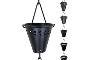 Rain Chains by JASINC 8.5 ft Fiona Cups Black Powder Coated, to Replace Roof Gutter Downspout, with Installation Kit, Rainwater Catcher/Water Diverter, JAS3004BLK