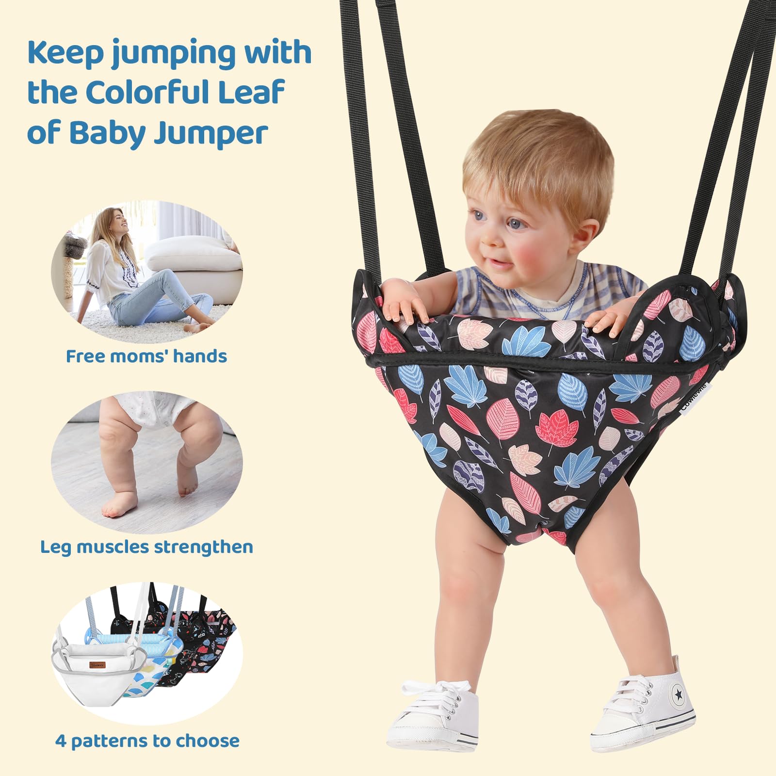 Cowiewie Door Jumper for Baby with Adjustable Seat and Strap, Fun Activity for 6-12 Months Baby Infant, Colorful Leaf