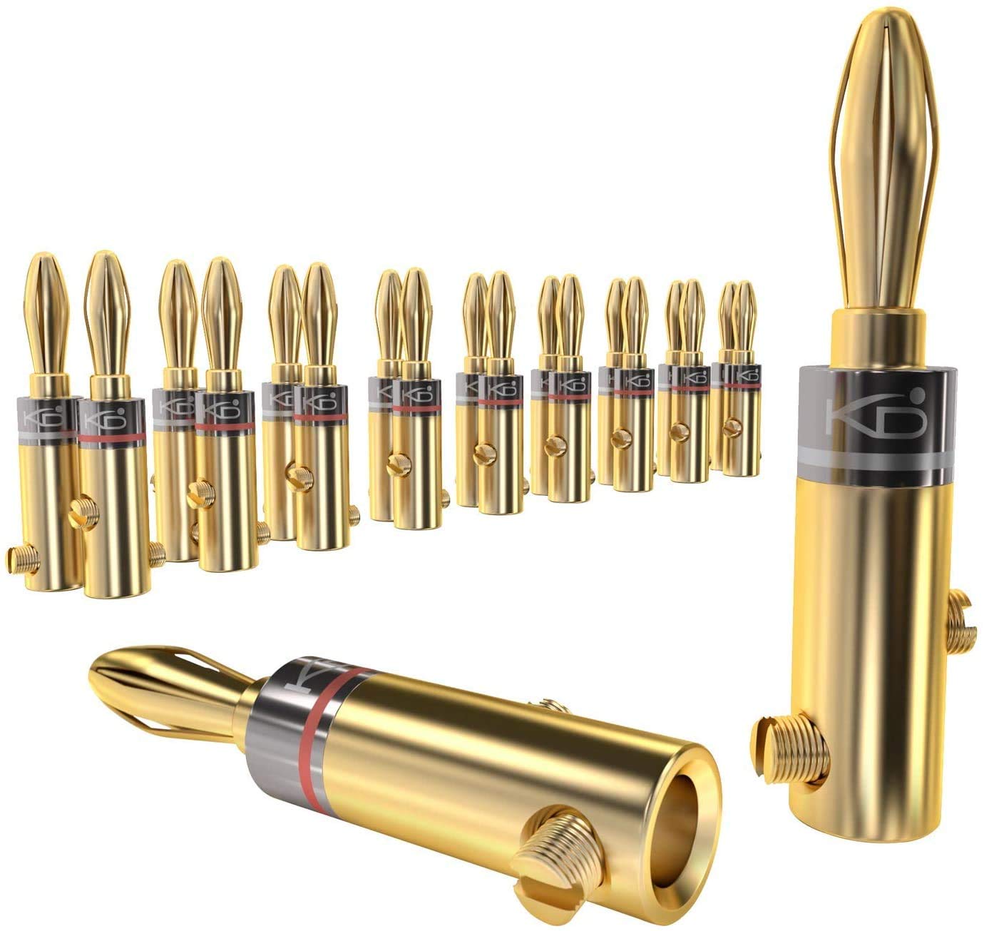 KabelDirekt – Banana Plugs – 10 pairs (for speaker wire up to 6mm², allow flexible connection to speakers, amplifiers, A/V receivers, power amplifiers & stereo systems, fixing screws, gold plated)