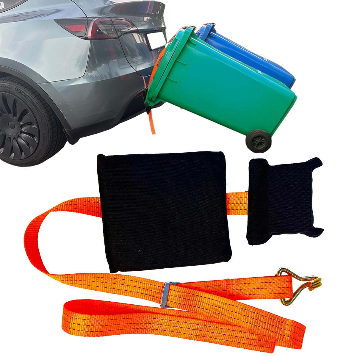 Photo 1 of ?No-Hitch? Trash Can Hauler Strap – Heavy-Duty Polyester Trash Can Hauler for 20–96 Gallon Bins, Fits SUV/Truck/Sedan/Minivan, No Hitch Needed, Garbage Can Hauling Towing Straps