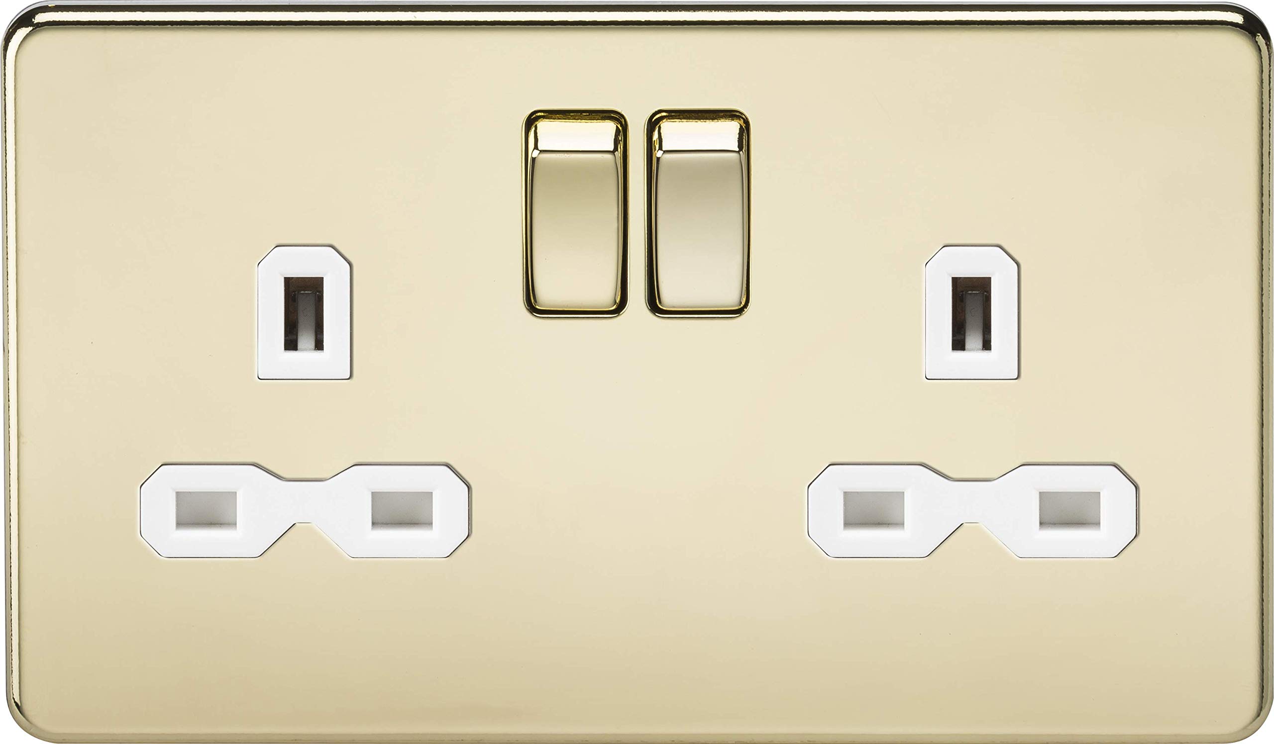 Knightsbridge SFR9000PBW 13 A 2G Screw Less DP Polished Switched Socket with White Insert - Brass