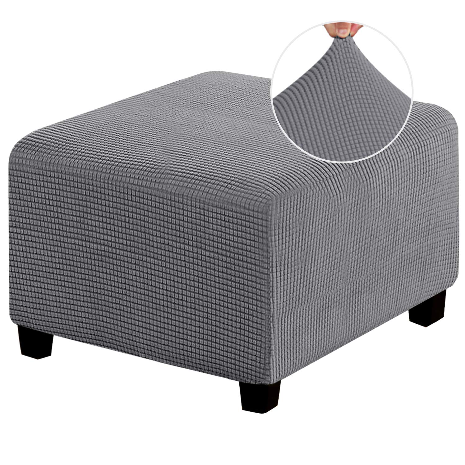 Photo 1 of Stretch Ottoman Cover Ottoman Slipcovers Square for Living Room Foot Stool Stretch Covers to Fit Ottoman Foot Rest, Thick Checked Jacquard Fabric with Elastic Bottom (Medium Size, Grey)