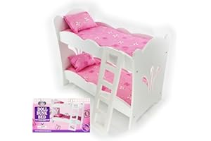 Matty's Toy Stop 18 Inch Doll Furniture White Wooden Bunk Beds with 2 Pink Pillows, 2 Pink Cushions & Ladder - Fits American Girl Dolls