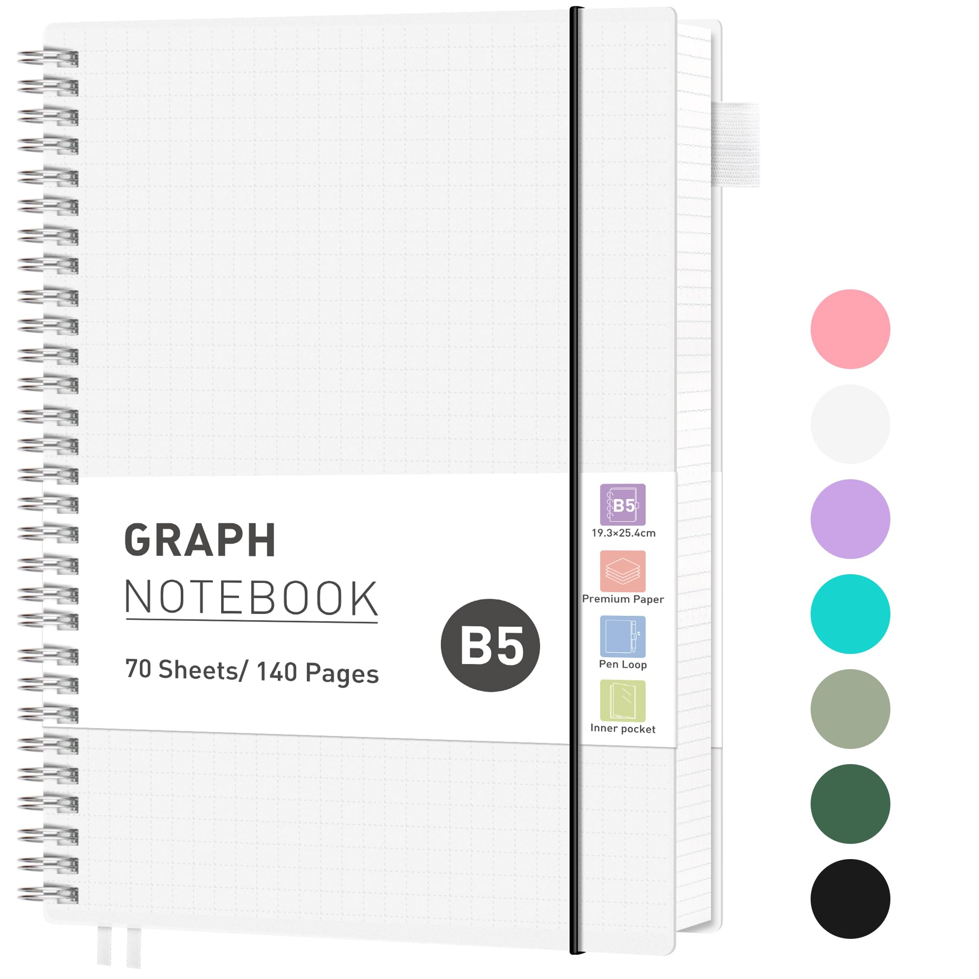 RETTACY Graph Grid Paper Notebook, 140 Pages, B5 Size (19 x 25 cm), 5mm per Square, 100 GSM Thick Paper, Flexible Plastic Cover, Spiral-bound, for School, Students, Math, Engineering (Transparent)