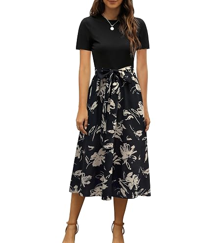 midi teacher dresses Annebouti 2025 Spring Summer for Women Semi-Formal Knee Length Business Casual Petite Short Sleeve Fit and Flare Swing Dinner Church Work Dress Black Navy Floral S at Amazon Women's Size:Small 6 Lady Gaga's Blue Hair smart fashion men's vacation shirt