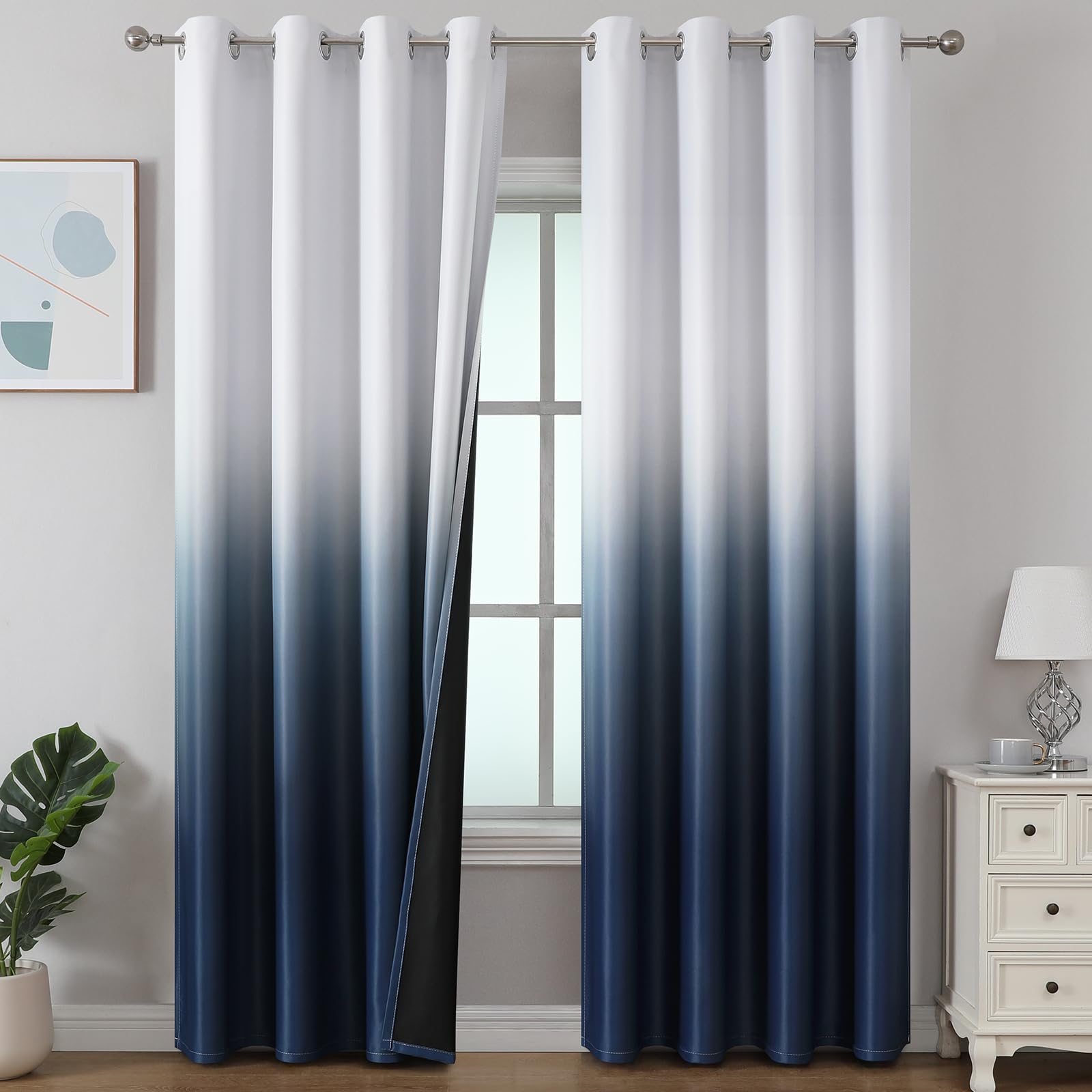 Photo 1 of Estelar Textiler Ombre Blackout Curtains for Bedroom 102 Inch Long, Thermal Insulated Grommet Complete Room Darkening Gradient Drapes for Living Room, Navy Blue and Greyish White,52Wx102L,2 Panels