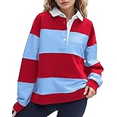 Ardrem Women Oversized Striped Polo Sweatshirt Color Block Lapel Collared Pullover Tops Striped Long Sleeve Rugby Shirts