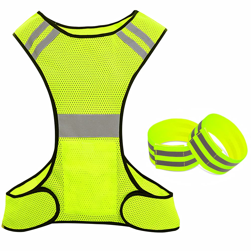 Hi Vis Running Vest High Visibility Reflective Vest Safety Vest with Elastic Straps For Running Walking Cycling Jogging, Yellow, Upgraded Material.