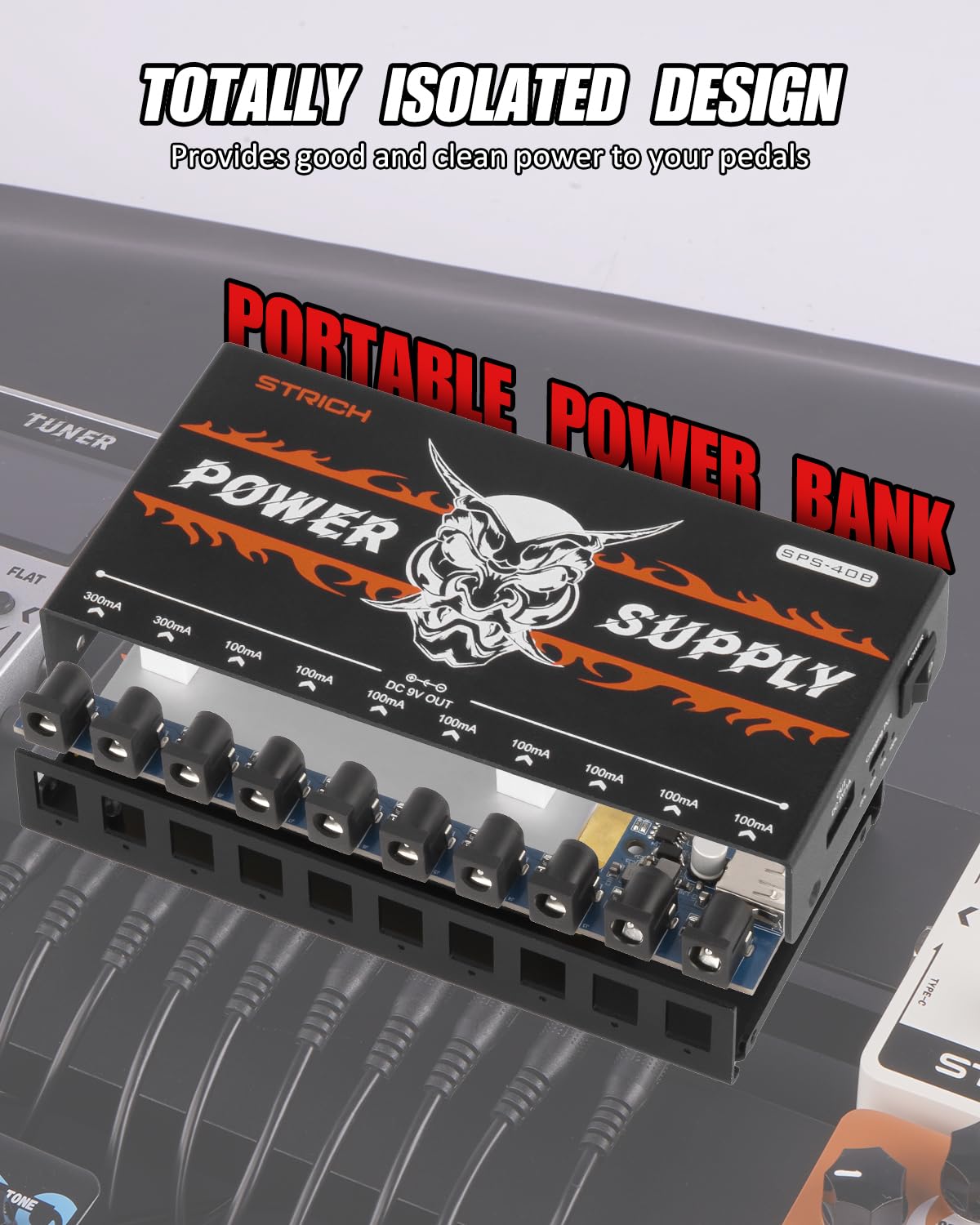 STRICH SPS-40B Wiederaufladbarer Akku Gitarre Effektpedal Netzteil mit eingebautem 10000mAh 10 Ausgängen DC 9V (2x300mA, 8x100mA) Buchsen für Gitarre Bass Pedale, 5V/1A USB Port für Telefon 3