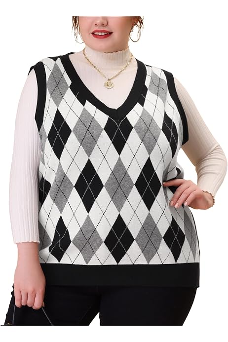 Women Argyle Sweater Vest Preppy 