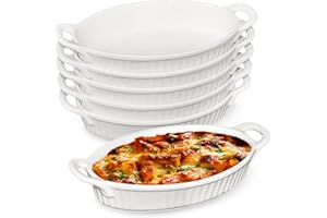 Set of 6 Au Gratin Baking Dishes, 9-inch Oval Ceramic Small Casserole Dishes with Handles Heat Resistant Porcelain Single Ser