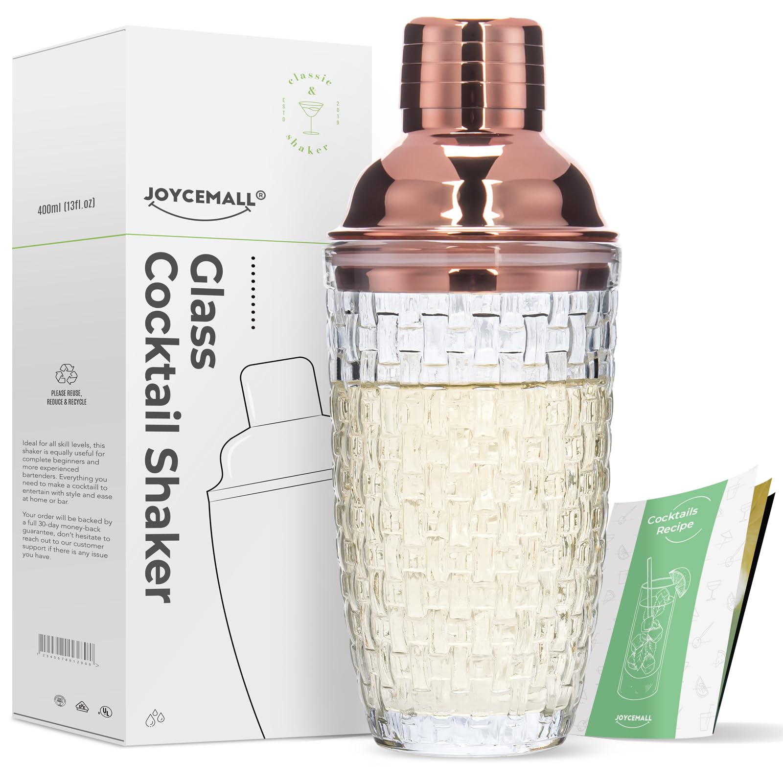 Glass Cocktail Shaker Kit - JOYCEMALL 13 Ounce Martini Mocktail Making Set - with Leakproof Metallic Steel Lid & Strainer - for Home Use & Bar Cart (Rosegold)