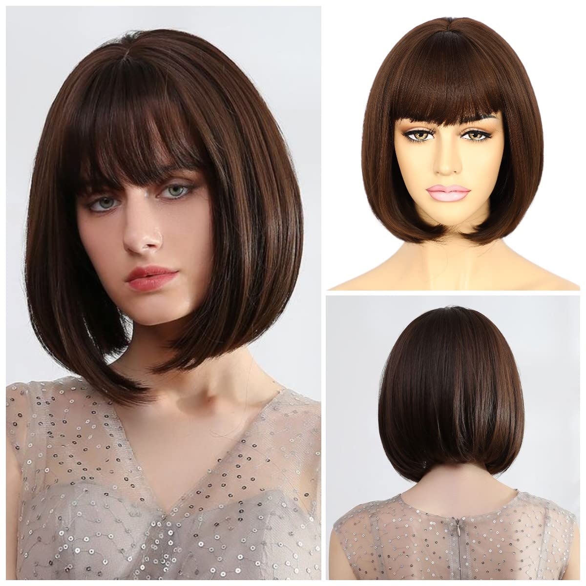 Sapphirewigs Dark Brown Bob Wigs for Women Bangs Short Brown Bob Wig Daily Party Hair Natural Looking 12 inch — image 1